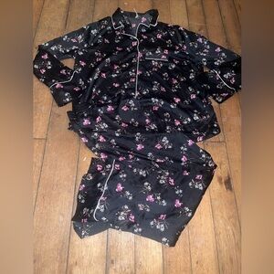 Gap Body Women's Two-Piece Satin Pajama Set Large Black Floral